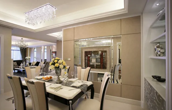 Flowers, table, chairs, interior, chandelier, living room, dining room