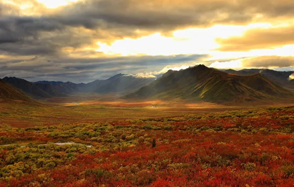Picture autumn, clouds, mountains, valley, Canada, Yukon