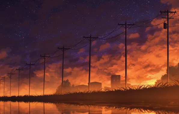 The sky, lake, home, power lines