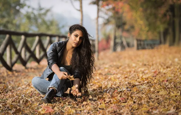 Autumn, leaves, face, model, hair, Joanna