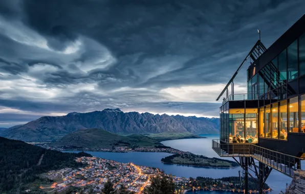Picture landscape, mountains, clouds, nature, the city, lake, New Zealand, restaurant
