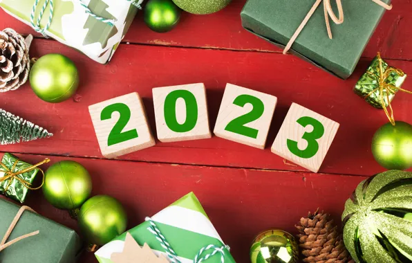 Balls, cubes, Board, green, figures, gifts, New year, bows