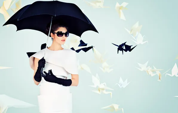 Picture clouds, umbrella, gloves, white dress, sunglasses, stylish beauty