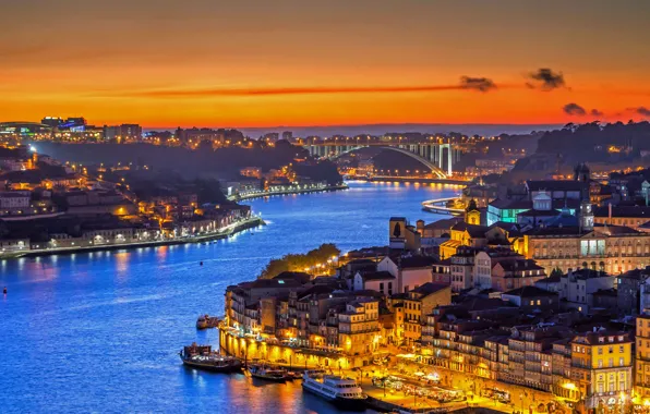 Bridge, lights, panorama, Portugal, Port