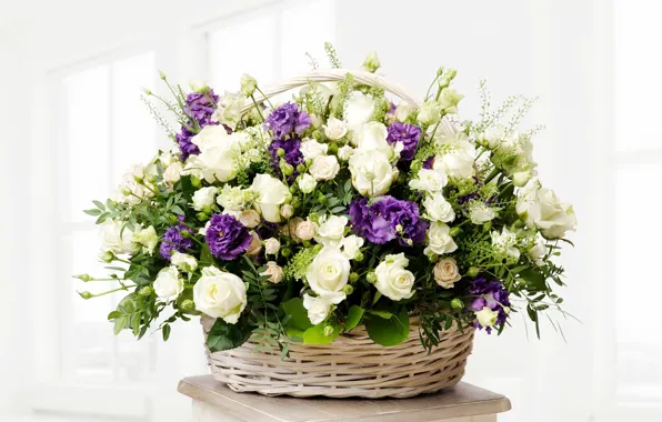 Basket, roses, bouquet, buds, roses, basket, eustoma, luxury