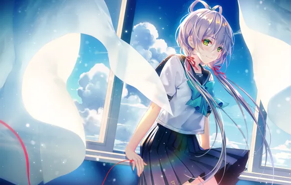 Girl, clouds, window, Vocaloid, embarrassment, Luo Tianyi, red ribbon, TID