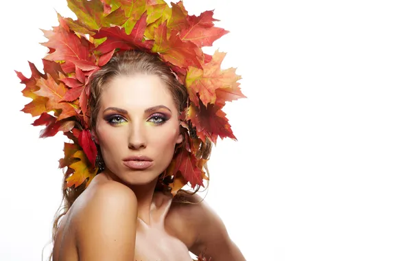 Autumn, look, leaves, eyelashes, model, makeup, lips, white background