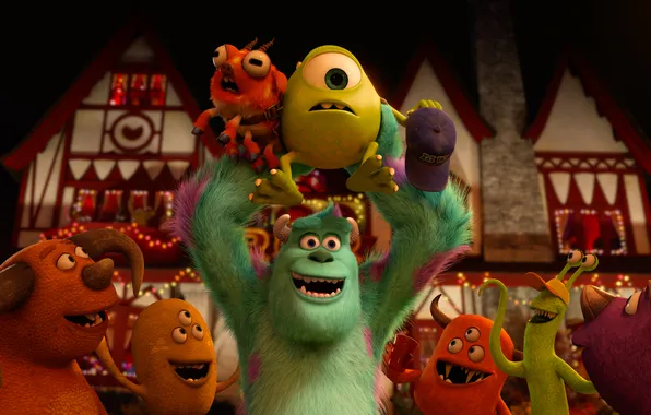 Cartoon, lights, monsters, party, garland, students, Academy of monsters, Monsters University