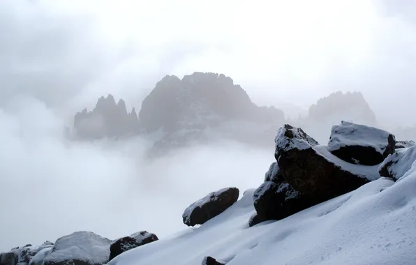 Winter, the sky, snow, landscape, mountains, nature, fog, stones