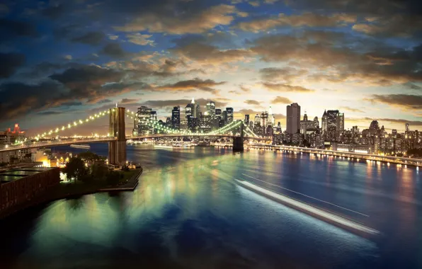 Picture sea, clouds, landscape, night, city, the city, lights, lights, building, bridges, sea, landscape, bridge, night, …