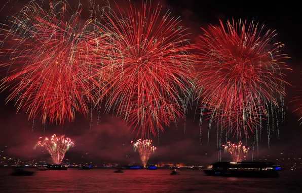 Picture night, lights, Strait, salute, fireworks, Turkey, The Bosphorus, Republic Day