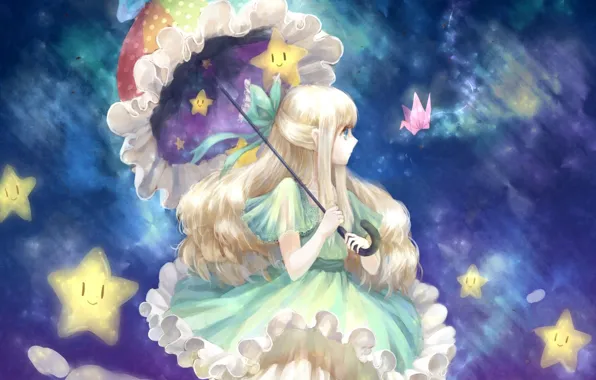 Picture the sky, umbrella, girl, bow, stars, crane, origami, ruffles