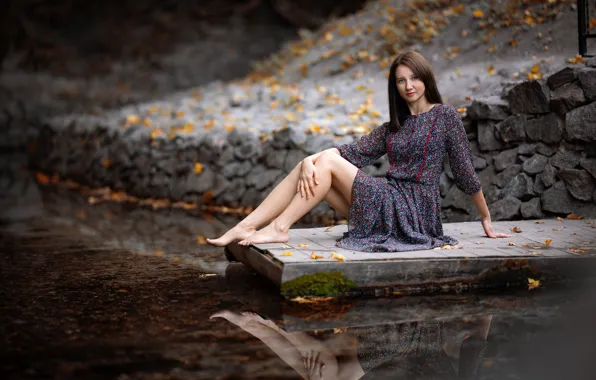 Picture look, water, girl, pose, river, model, dress, legs