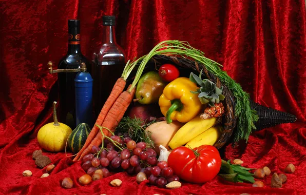 Red, wine, basket, bottle, corn, bow, grapes, bananas