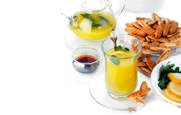 Orange, cookies, juice, mint