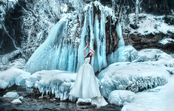 Winter, snow, pose, style, mood, waterfall, ice, the situation