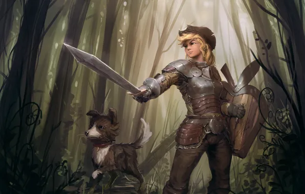 Forest, girl, figure, dog, sword, armor, fantasy, art
