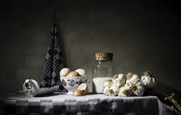 The dark background, table, wall, eggs, towel, Bank, fabric, bricks