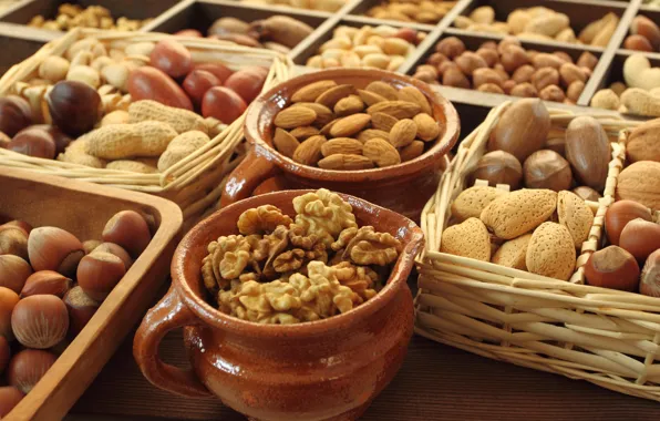Nuts, almonds, acorn, basket, walnut, cuts, pots, funduc