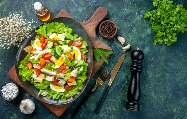 Eggs, parsley, cucumbers, salad