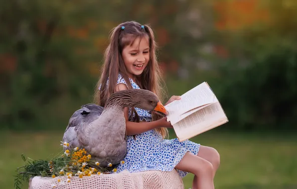 Flowers, laughter, positive, dress, girl, goose, bokeh, reading