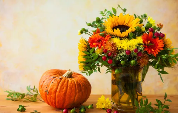 Flowers, berries, sunflower, bouquet, pumpkin, gerbera, chrysanthemum