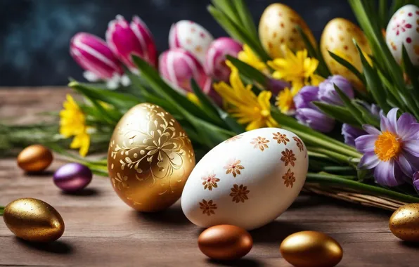 Flowers, eggs, spring, colorful, Easter, happy, flowers, spring