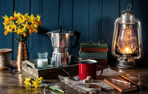 Flowers, style, books, mug, lantern, still life, daffodils, coffee pot