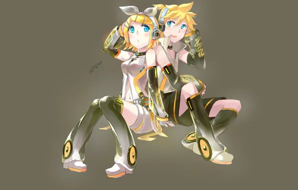 Girl, background, anime, headphones, guy, two, Vocaloid, Vocaloid