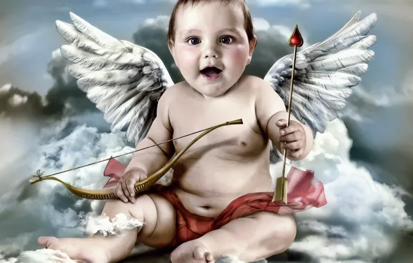 Clouds, wings, angel, bow, arrow, Cupid