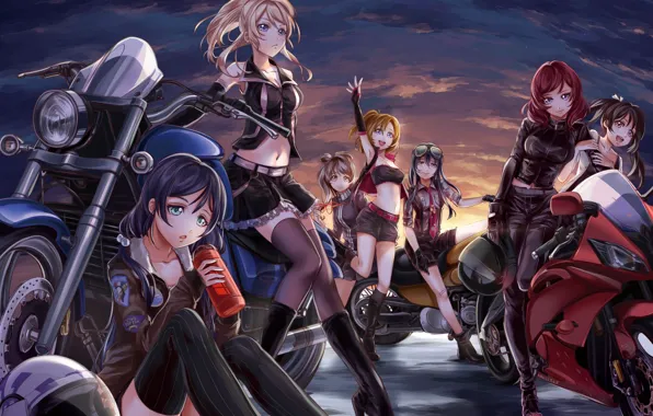 Picture the sky, clouds, sunset, smile, girls, motorcycles, anime, art