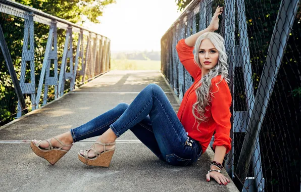 Look, girl, red, bridge, pose, photo, hair, jeans