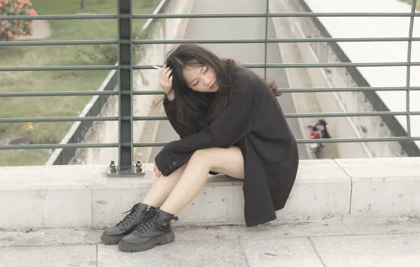 Bridge, pose, feet, brunette, the fence, cigarette, Asian, cute brunette