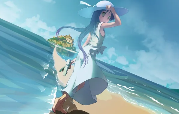 Picture sea, beach, the city, figure, hat, anime, horizon, girl