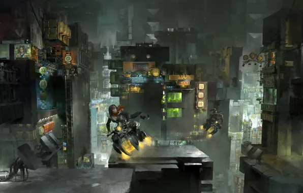 The city, lights, future, race, art, motorcycle