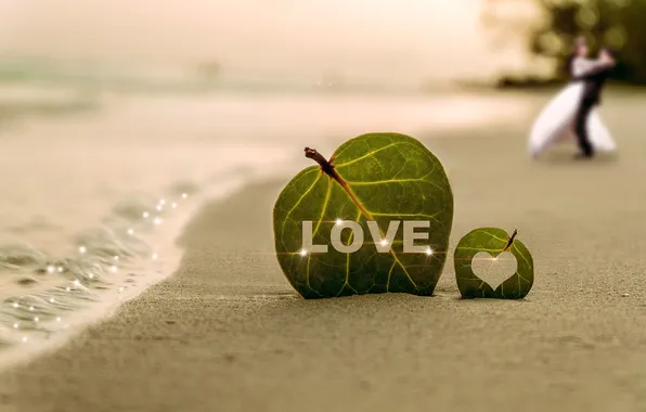Sand, leaves, shore, coast, heart, wave, pair, LOVE