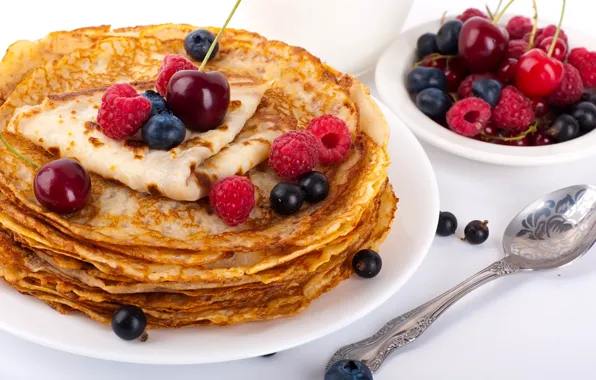 Cherry, berries, raspberry, pancakes