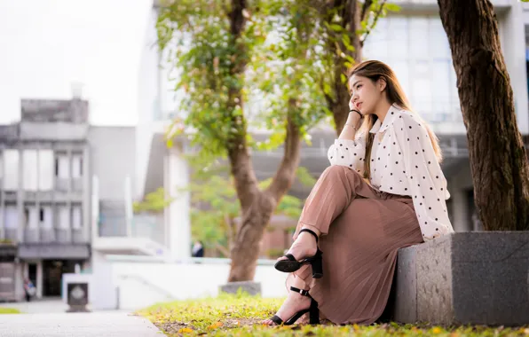 Girl, sweetheart, skirt, dress, brown hair, Asian, sitting, bokeh
