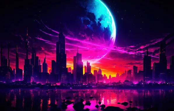 City, fantasy, night, planet