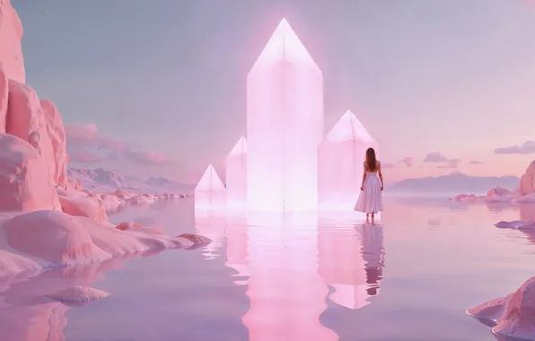 The sky, girl, light, reflection, rocks, pink, shore, glow