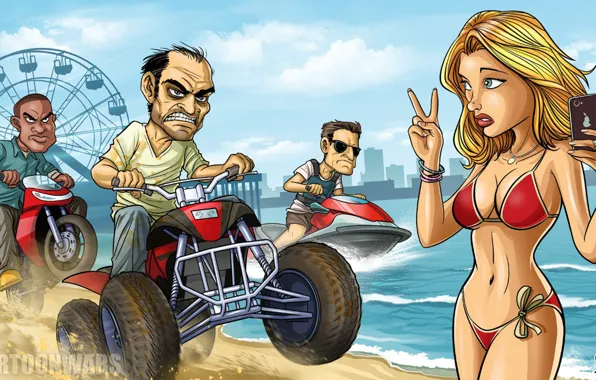 Girl, motorcycle, ATV, jet ski, Michael, gta, fan art, Trevor