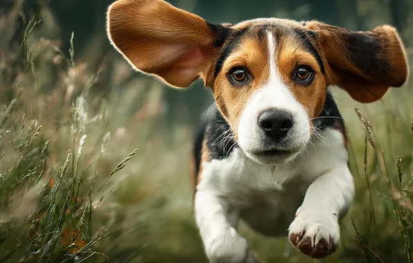 Grass, look, nature, dog, paws, running, puppy, walk