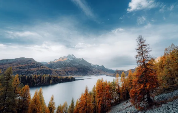 Picture sky, trees, landscape, nature, mountains, clouds, lake, fall