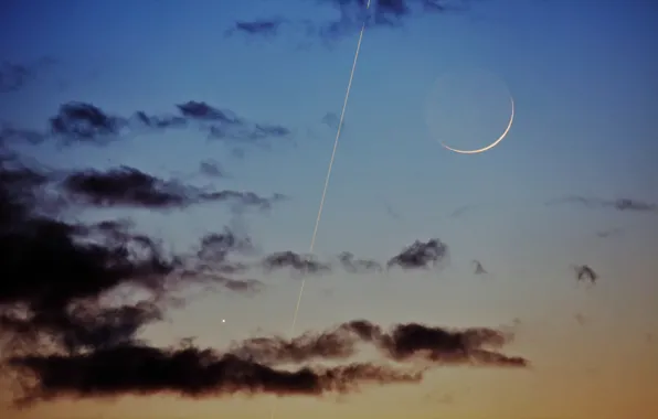 Clouds, trail, The moon, Jupiter, ISS