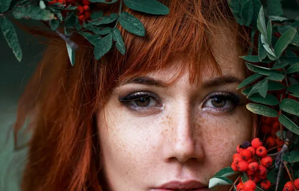 Eyes, girl, hair, freckles, red, Rowan, Maxim Romanov