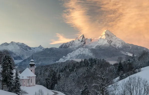 Winter, forest, mountains, Germany, Bayern, Church, panorama, Germany