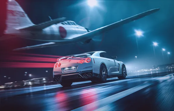 White, The plane, Fighter, GTR, Japan, Nissan, Car, Speed