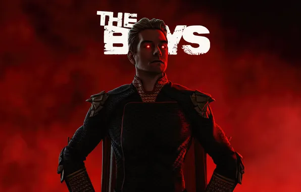 The inscription, smoke, art, costume, the series, red background, comic, Antony Starr
