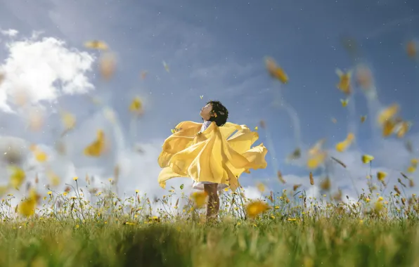 Flower, summer, grass, dream, clouds, light, yellow, pose