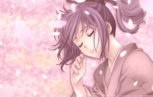 Picture girl, anime, petals, sleeping